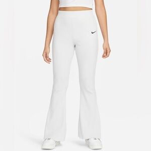 Nike White Ribbed Flare Pants with Black Swoosh